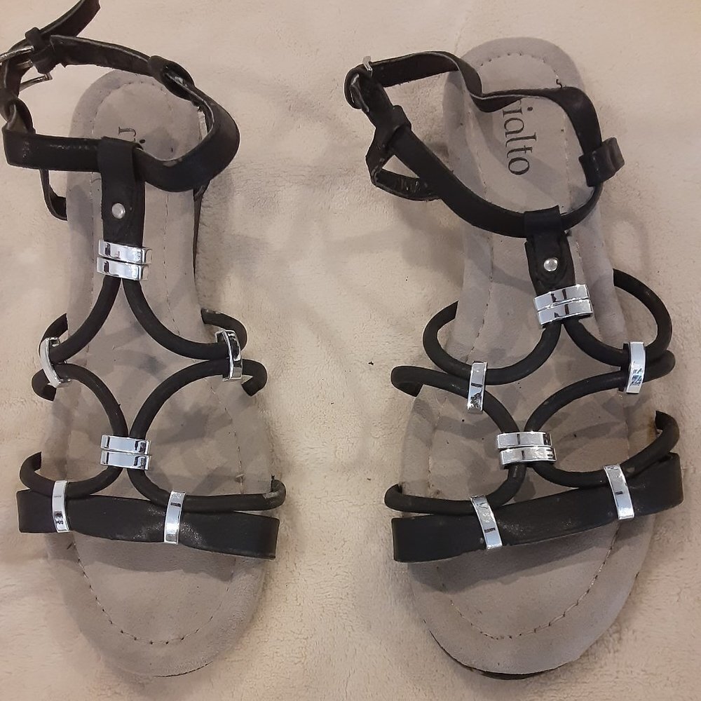 Rialto Size 7.5 Medium Width Black Sandals w/Silver Trim & Ankle Straps